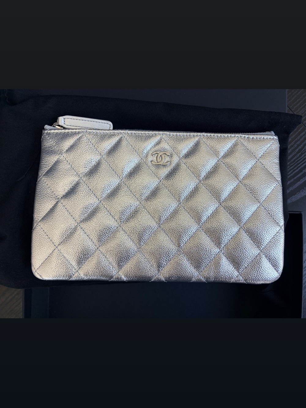 CHANEL Small O Case Silver Quilted CC Zip Pouch